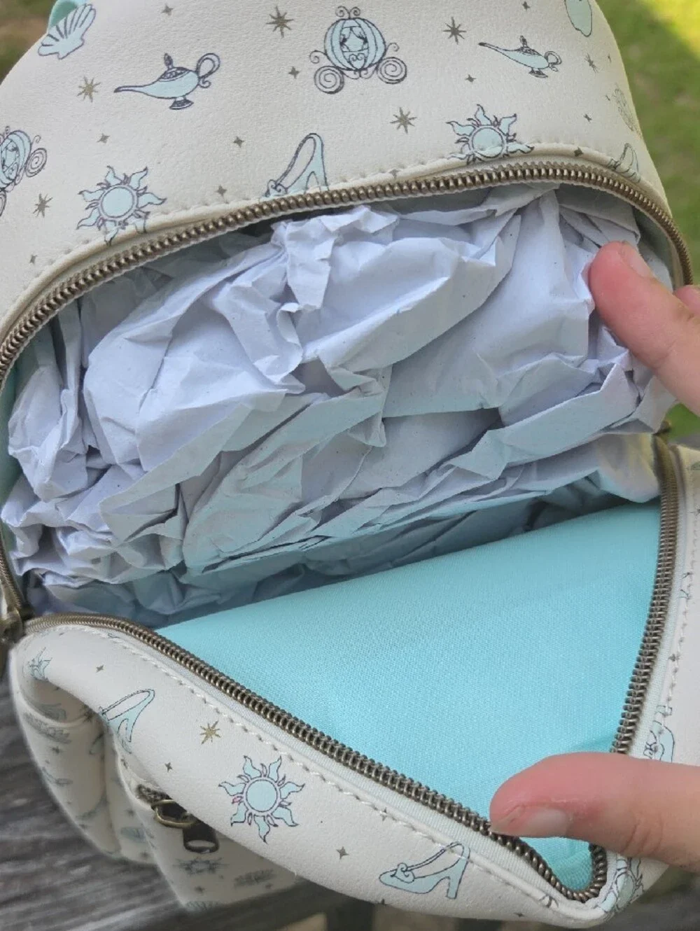 Disney Loungefly Mini Backpack in Light Blue and Cream with Princess Icons